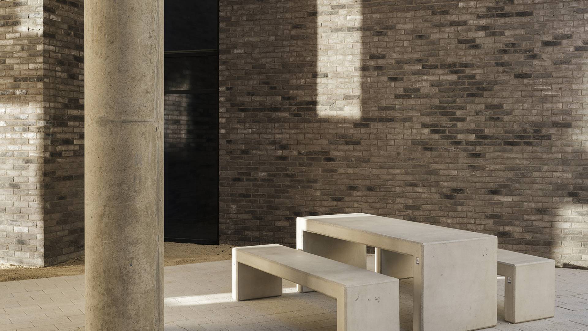 Street view with concrete benches